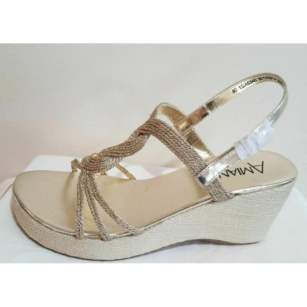 NEW sz 40/9US Amiana SPARKLY Gold Braided Womens/Girls Wedge Sandals‎ Dressy